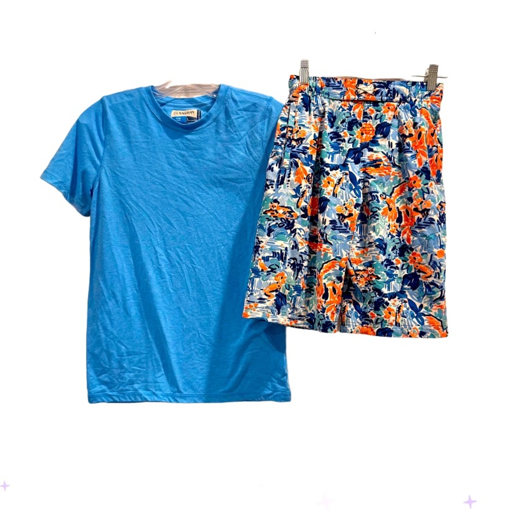 Coolibar UPF TROPICAL SWIM TRUNKS & Magellan fish shirt lot boys size large